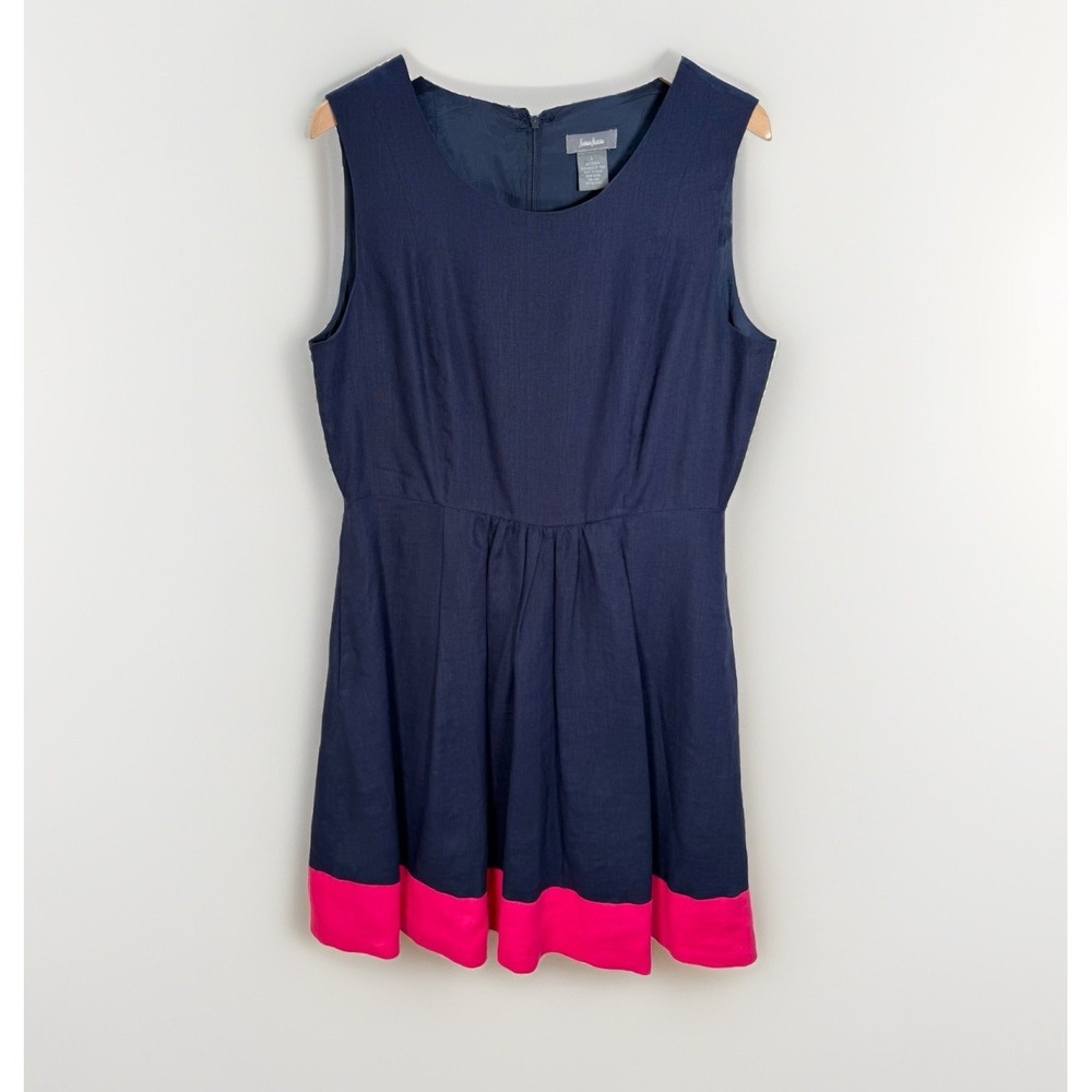 Neiman Marcus Dress 100% Linen Womens Sz L Sleeveless Navy Blue Fuchsia Classic